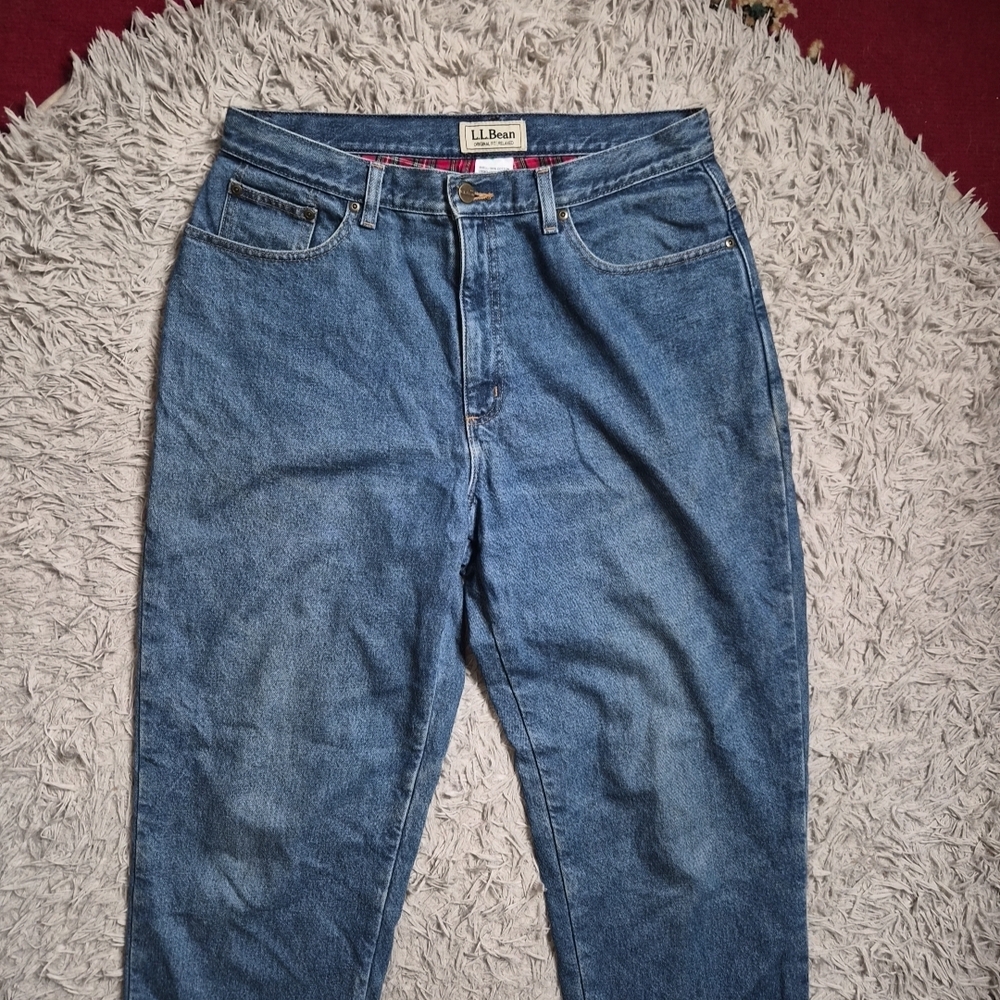 Vintage LL Bean Jeans Red Plaid Flannel Lined Blue Denim Original Fit Relaxed ✨️ - Picture 4 of 15